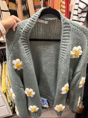 Altar'd State Sage Green Daisy Appliqué Open Cardigan